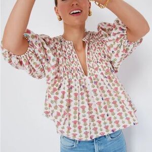 SAYLOR Floral Blouse balloon sleeves top small relaxed fit v neck cropped hem